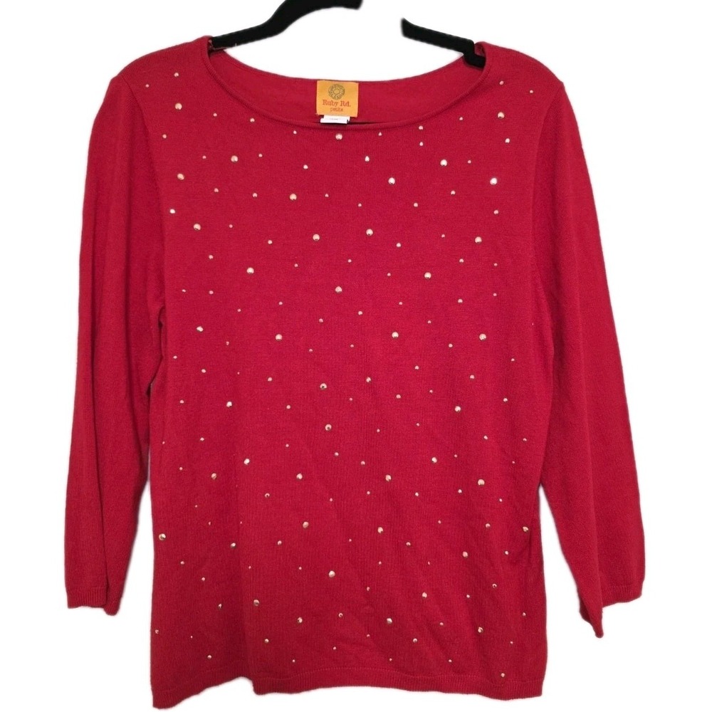 Ruby Rd. Women's PL Pullover Sweater Red / Gold studded round neck 3/4 sleeves